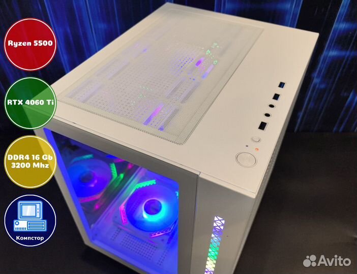 Мощный пк 2024 AMD5500-RTX4060Ti-16DDR4-PSN452-A520