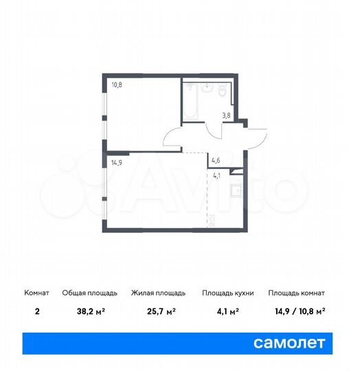 2-к. квартира, 38,2 м², 15/16 эт.