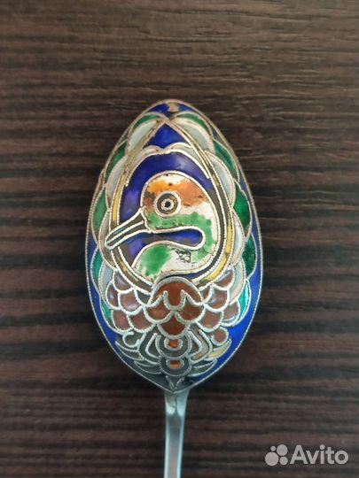 Кофейная ложка, серебро 84 пробы, эмаль по скани