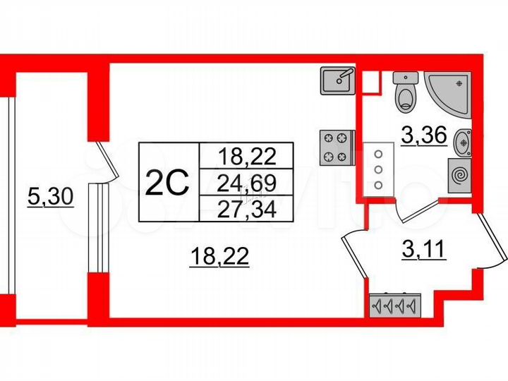 Квартира-студия, 27,3 м², 5/12 эт.