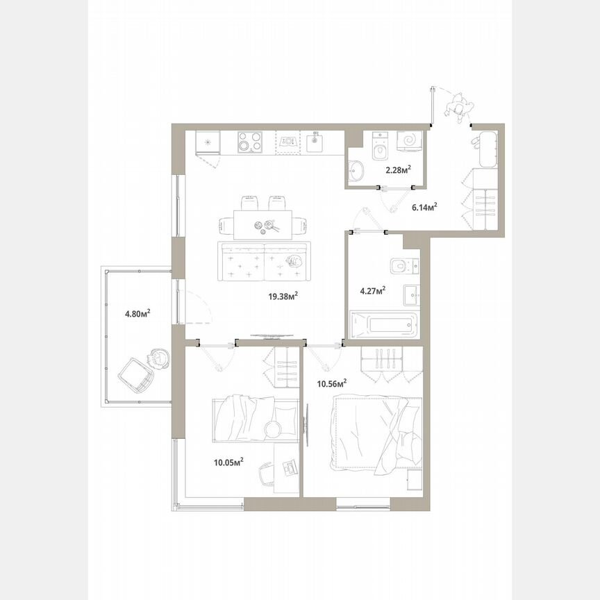 2-к. квартира, 54,1 м², 8/12 эт.
