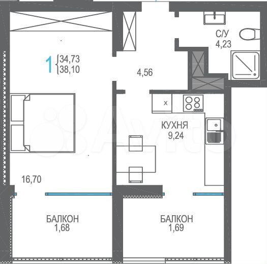1-к. квартира, 38,1 м², 7/14 эт.