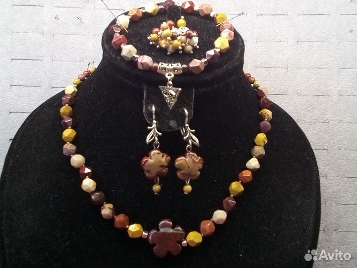 Бусы,браслет, кольцо,серьги яшма мукаит