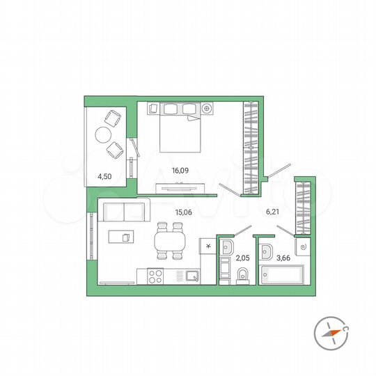 1-к. квартира, 45,3 м², 2/9 эт.