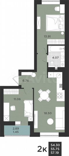 2-к. квартира, 57,2 м², 9/9 эт.