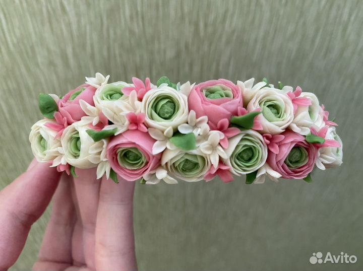 Ободок для волос с цветами полимерная глина