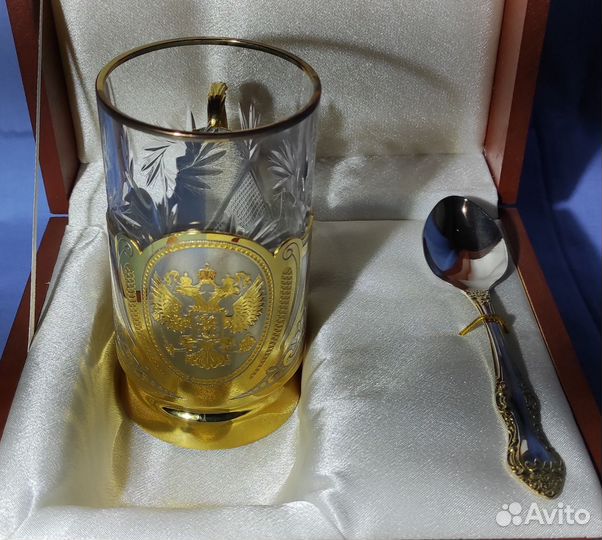 Набор Подстаканник со стаканом и ложкой Герб Росии