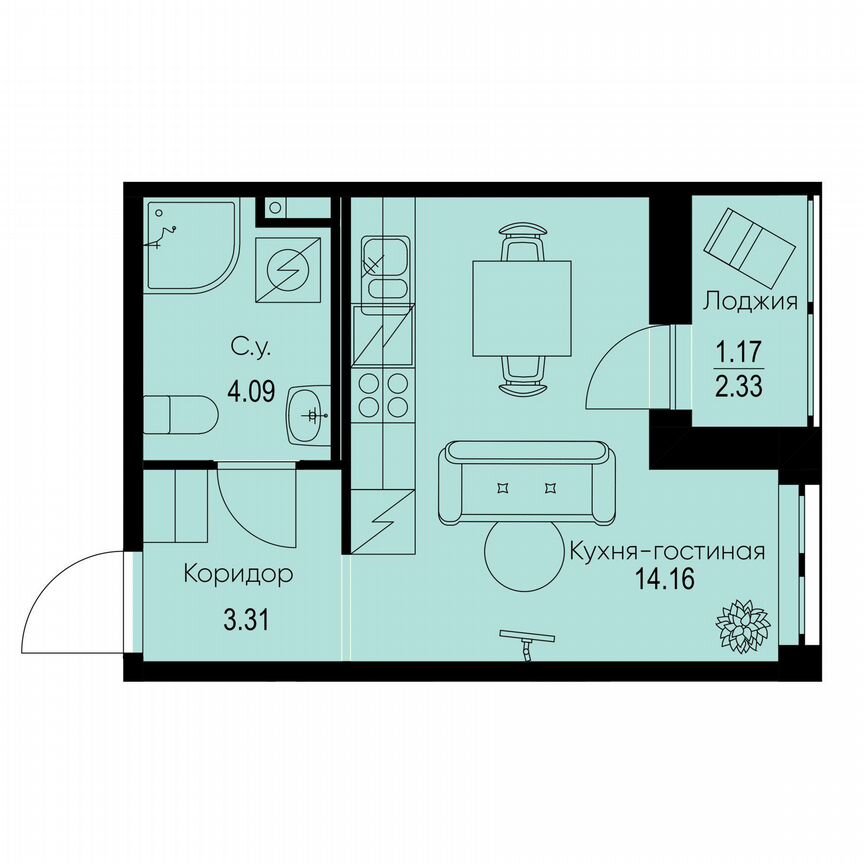 Квартира-студия, 22,7 м², 2/9 эт.