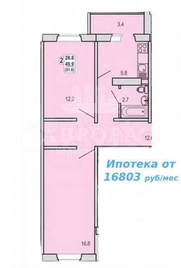 2-к. квартира, 51,6 м², 7/10 эт.