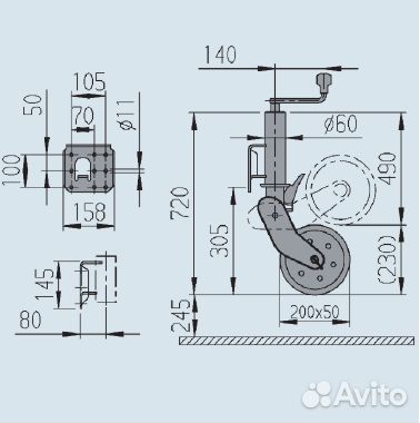 Опорное колесо для прицепа D60, 500 кг, L720(+2