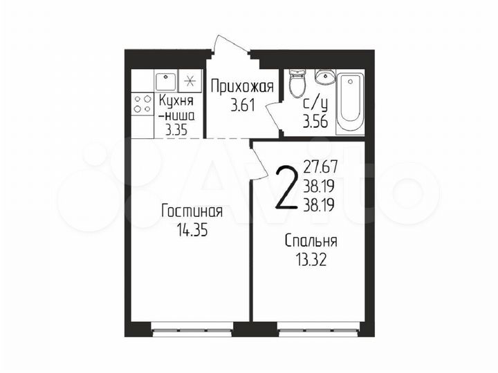 2-к. квартира, 38,1 м², 2/15 эт.