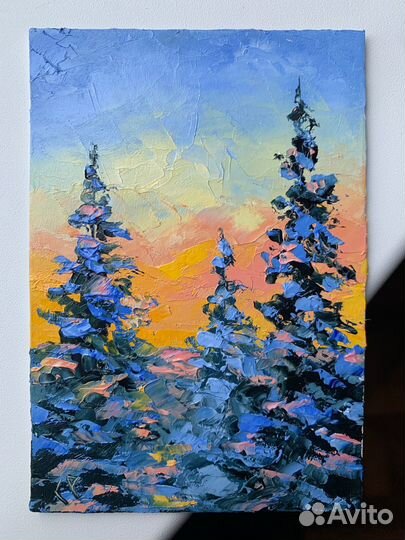 Картина масло зимний пейзаж елки рассвет Новцй год