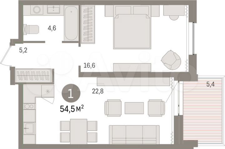 1-к. квартира, 54,5 м², 9/17 эт.