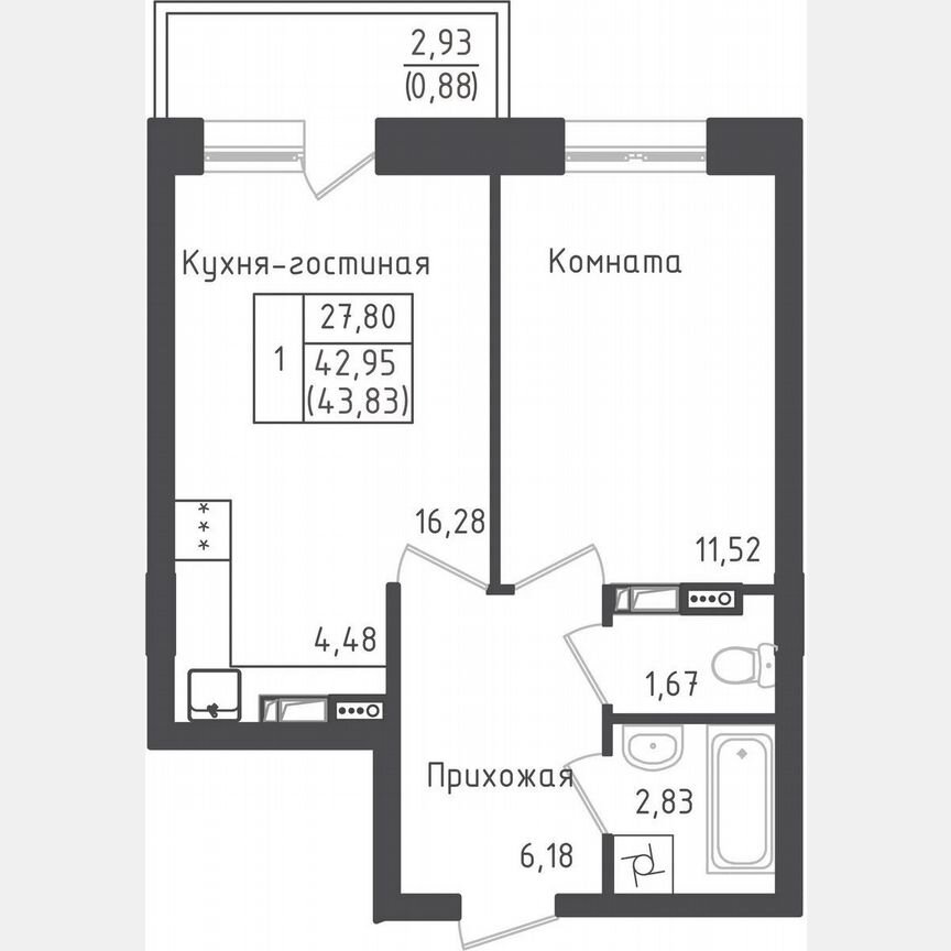 1-к. квартира, 43,8 м², 5/5 эт.