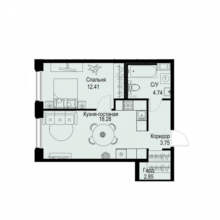 1-к. квартира, 42 м², 2/6 эт.