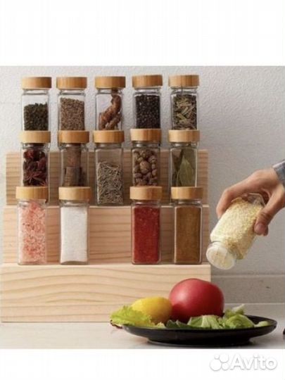 Баночки для специй стеклянные с деревянной крышкой