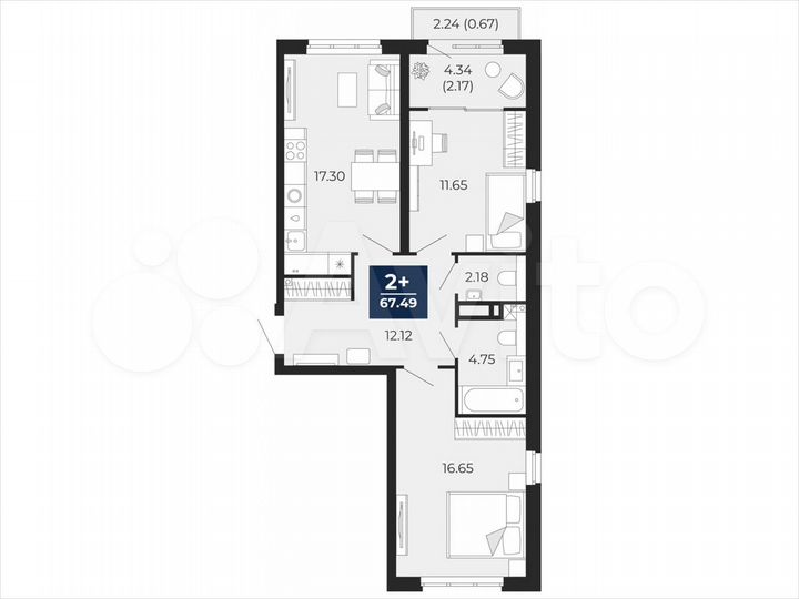 2-к. квартира, 67,5 м², 12/21 эт.