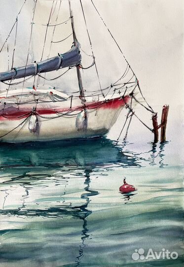 Интерьерная Акварельная картина Парусник Море