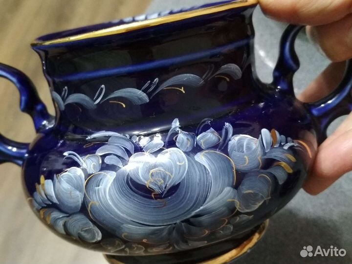 Сахарница кобальт с позолотой формы Голубка