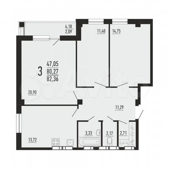 3-к. квартира, 82,4 м², 11/16 эт.