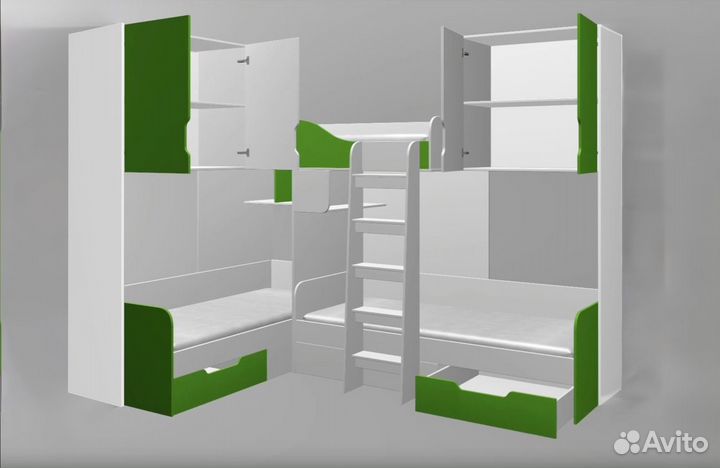 Кровать Трио с антресолями Дуб Молочный/Белый