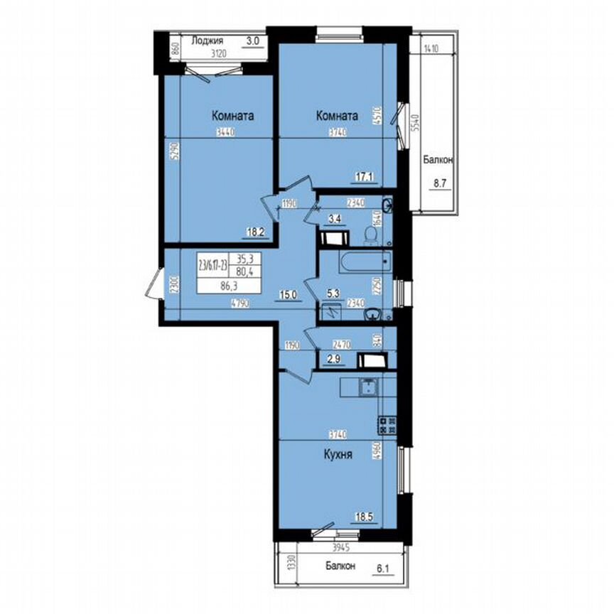 2-к. квартира, 86,3 м², 17/23 эт.