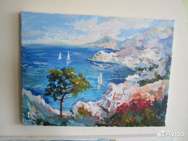 Картина маслом на холсте пейзаж южный горы и море