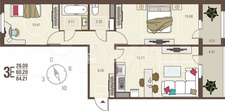 2-к. квартира, 64,2 м², 4/10 эт.