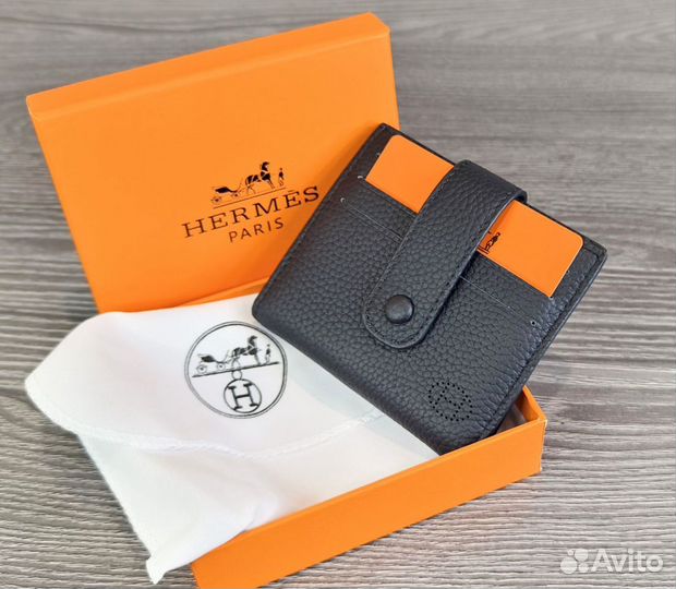 Кожаный кардхолдер кошелёк Hermes черный новый lux