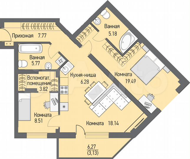 3-к. квартира, 76,8 м², 9/16 эт.