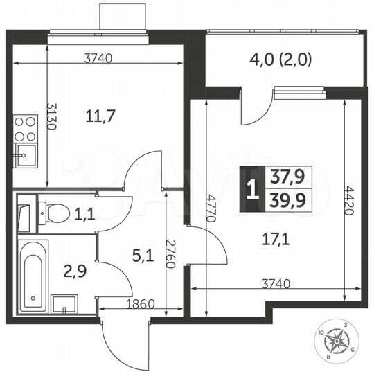1-к. квартира, 40,1 м², 17/25 эт.