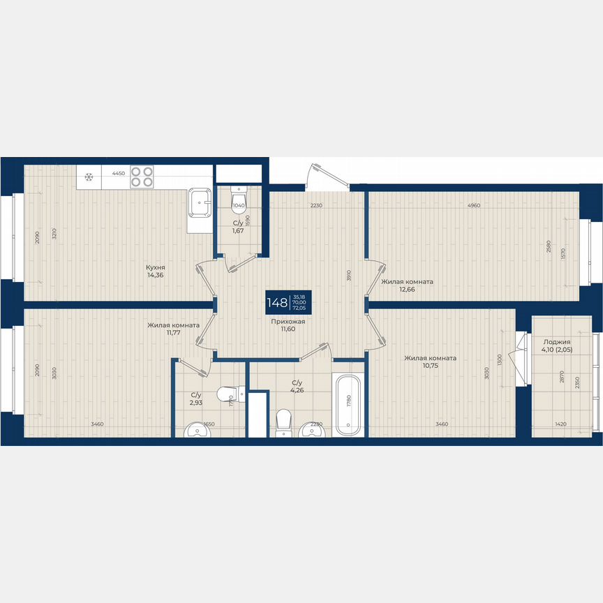 3-к. квартира, 72,1 м², 11/12 эт.