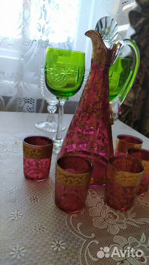 Редкость Графин из красного хрусталя и 5 стопок