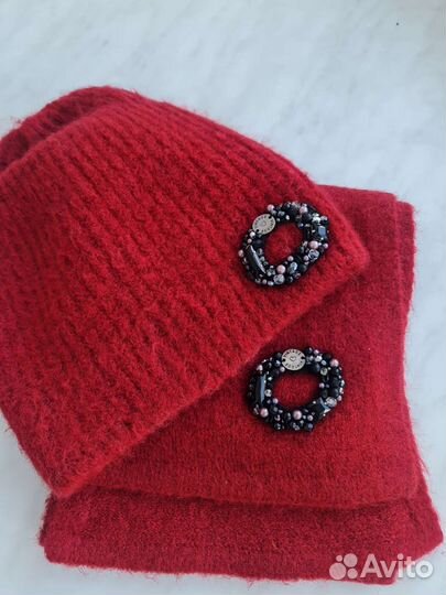 Шапка и шарф шерсть комплект с декором