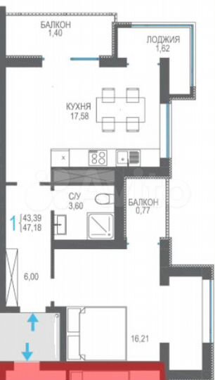 1-к. квартира, 47,2 м², 13/16 эт.