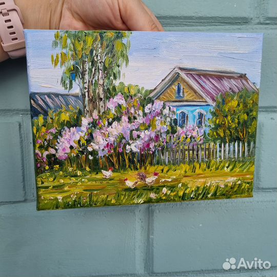 Картина маслом пейзаж сирень цветы дом береза