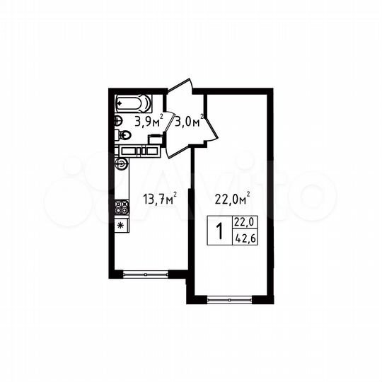 1-к. квартира, 42,6 м², 9/9 эт.