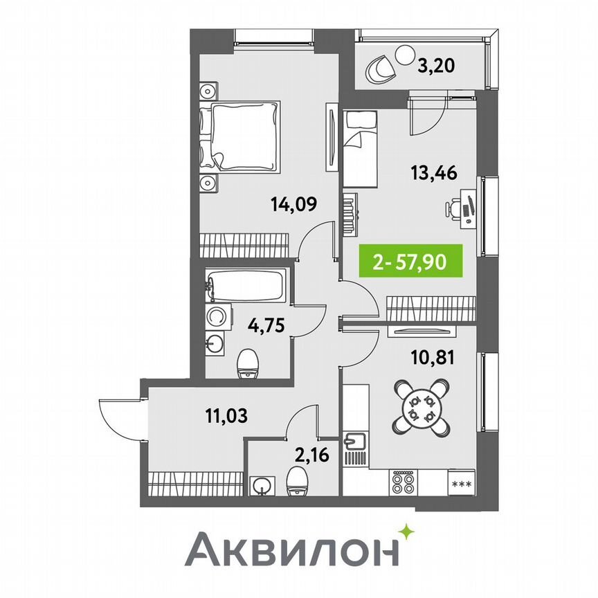 2-к. квартира, 57,9 м², 2/12 эт.