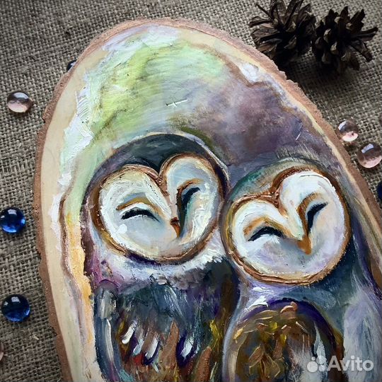 Картина маслом Совы на спиле дерева 35х16 см