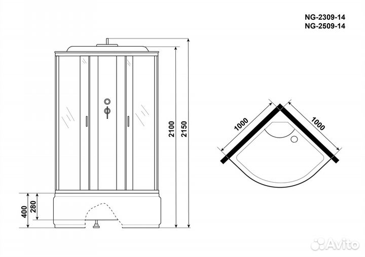 Душ.каб. NG-2509-14 (1000х1000х2150) высокий подд