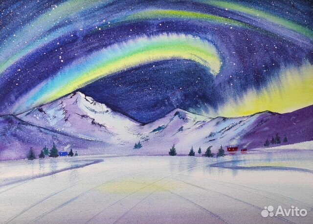 Зимний пейзаж акварелью