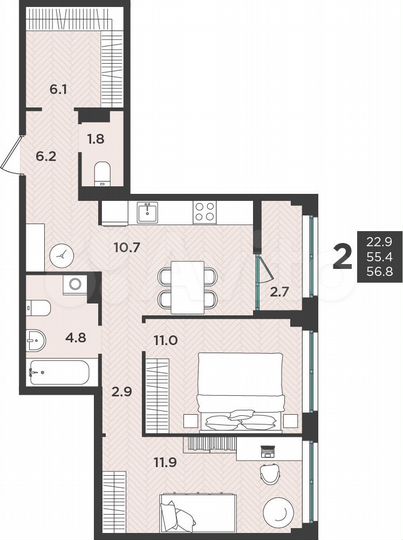 2-к. квартира, 56,6 м², 6/9 эт.