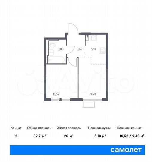 2-к. квартира, 32,7 м², 11/14 эт.