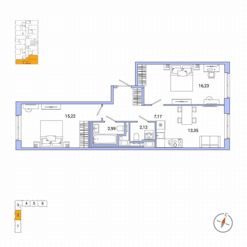2-к. квартира, 57,1 м², 1/7 эт.
