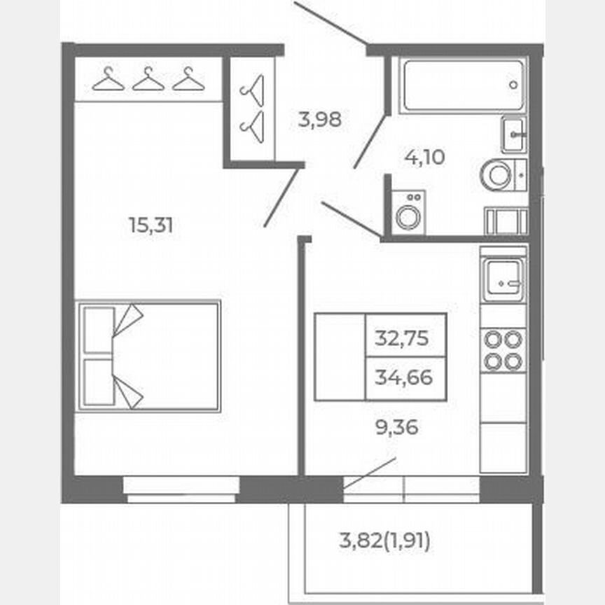 1-к. квартира, 32,8 м², 2/4 эт.