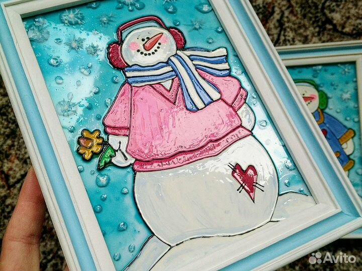 Витражные картины «Снеговички» 13*18 см в рамках