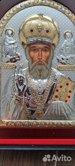 Серебряная икона Николай Чудотворец с золочением