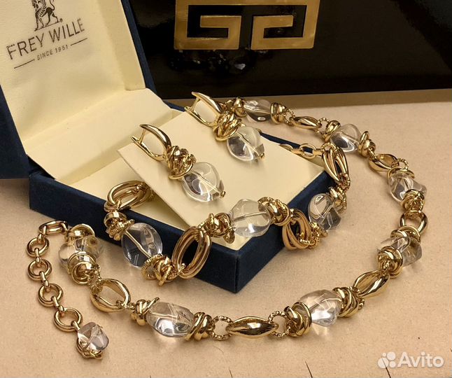 Колье браслет серьги хрусталь позолота