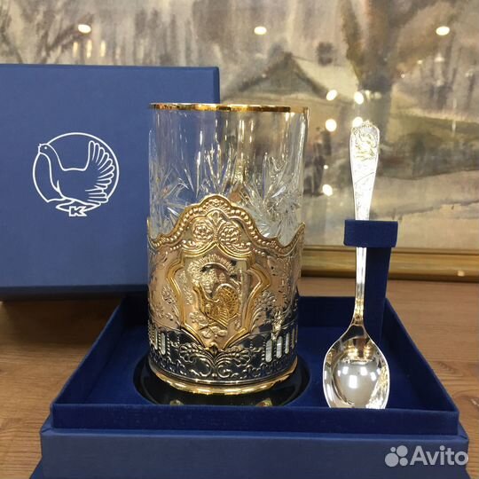 Подстаканник мельхиоровый герб РФ/глухарь