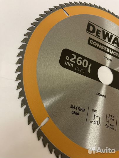 Диск пильный подереву dewalt 260x30x80 зубов const